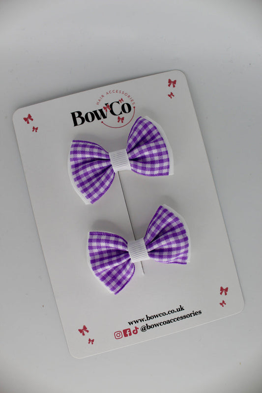 School Lilac Gingham Double Lapel Bow Set - Clip