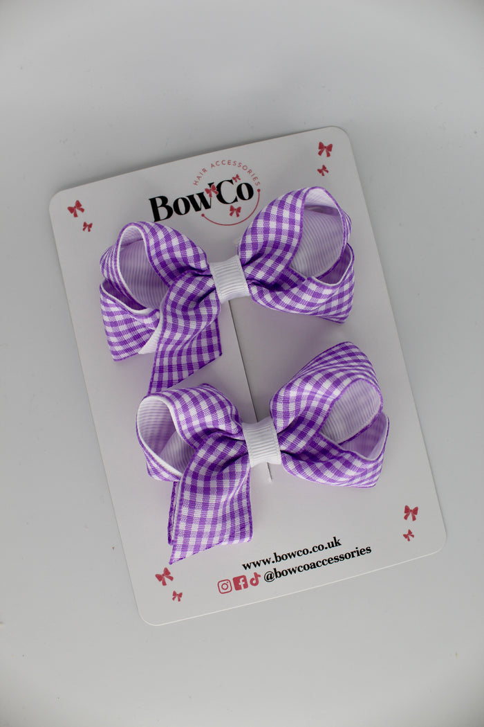 School Lilac Gingham Loop Bow Set - Clip