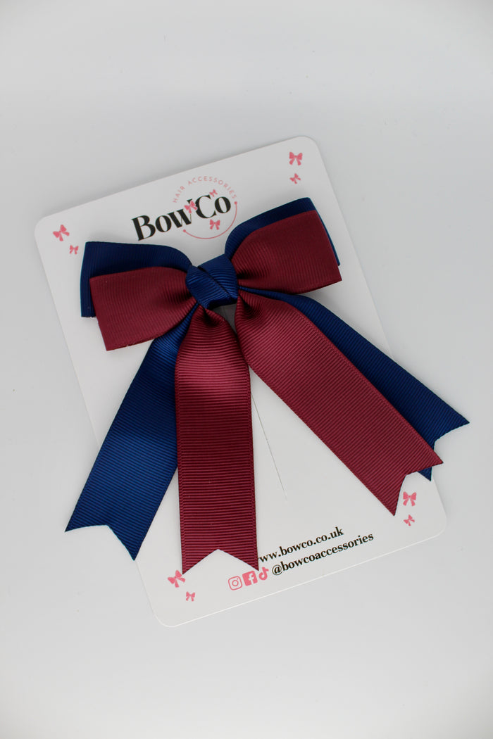 School Navy Blue and Burgundy Double Ribbon Tail Bow – Clip