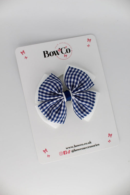 School Navy Blue Bow Gingham - Layer Edge Bow - Elastic