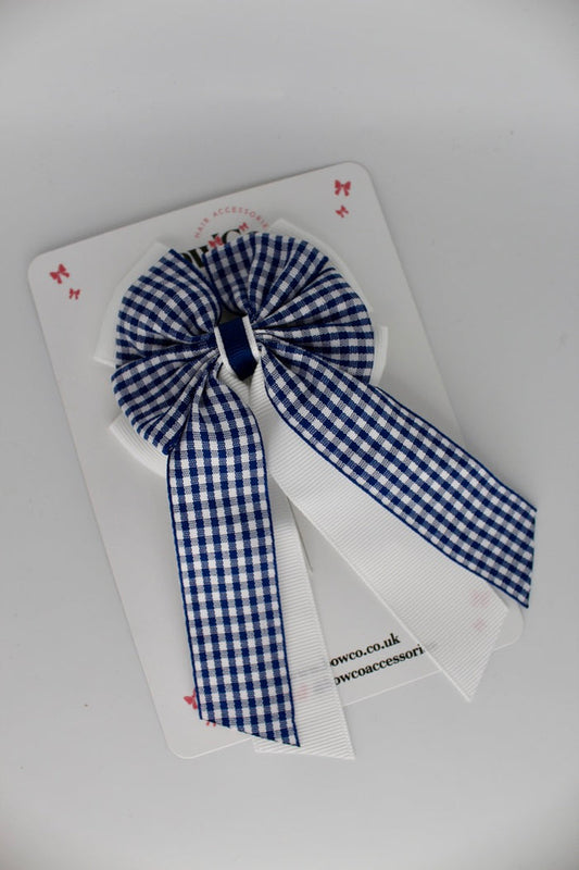 School Navy Blue Bow Gingham - Layer Edge Tail Bow - Elastic
