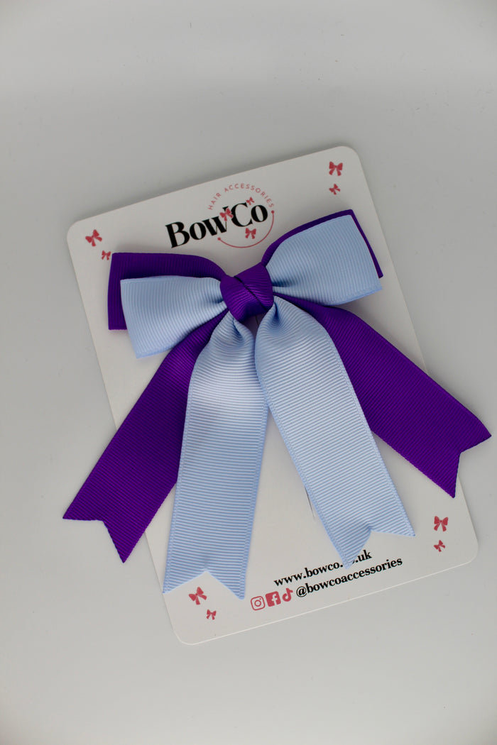 School Purple and Bluebell Double Ribbon Tail Bow – Clip