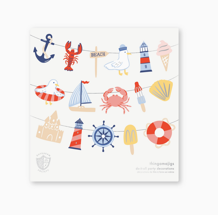 Set of beach-themed party decorations on a white background