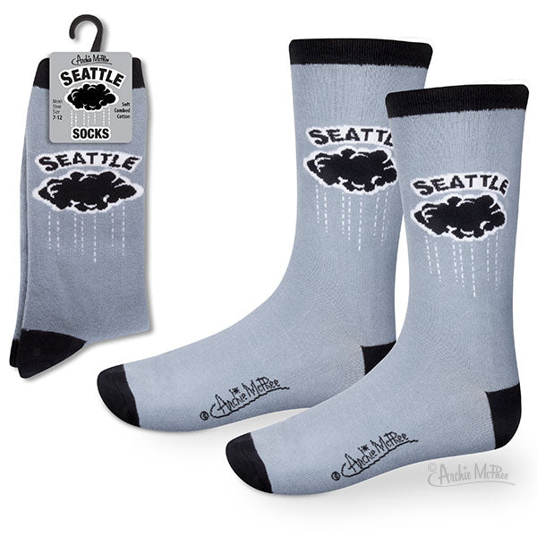 Introducing the Seattle Socks: These socks celebrate the essence of Seattle with a black cloud and raindrops motif. Crafted from a combed cotton blend, they are designed to comfortably fit men's shoe sizes 7-12. Pictured pair on the left.