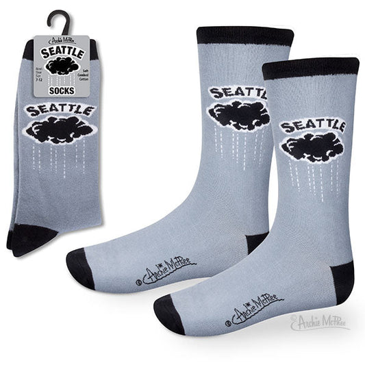 Introducing the Seattle Socks: These socks celebrate the essence of Seattle with a black cloud and raindrops motif. Crafted from a combed cotton blend, they are designed to comfortably fit men's shoe sizes 7-12. Pictured pair on the left.