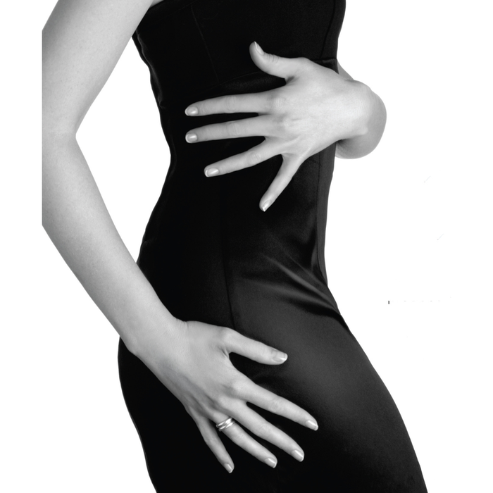 POSS Seche Vite Poster for Retail Marketing Purposes | A black satin-like bodycon dress shown on a model against a white background, with the model's hands resting on the hips and waist.