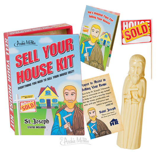 The Sell Your House Kit includes a St. Joseph statue, prayer card, and a miniature "house sold" sign to assist you in selling your home quickly.