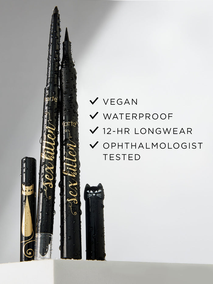 Black eyeliner pencil with branding on a gray background, featuring text about product features.