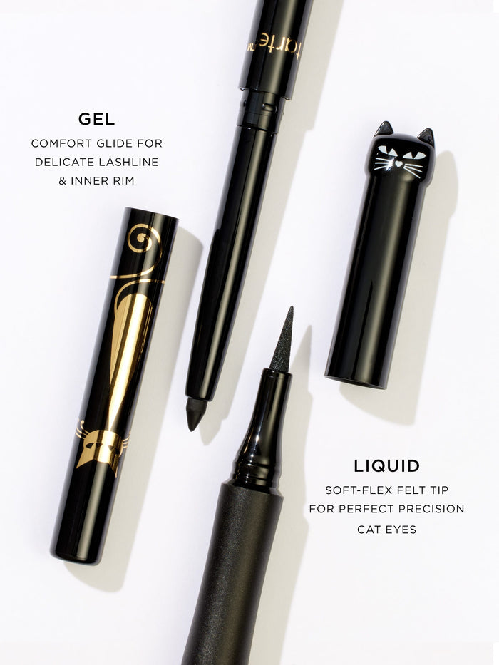 Eyeliner products with text describing gel and liquid formulas on a white background