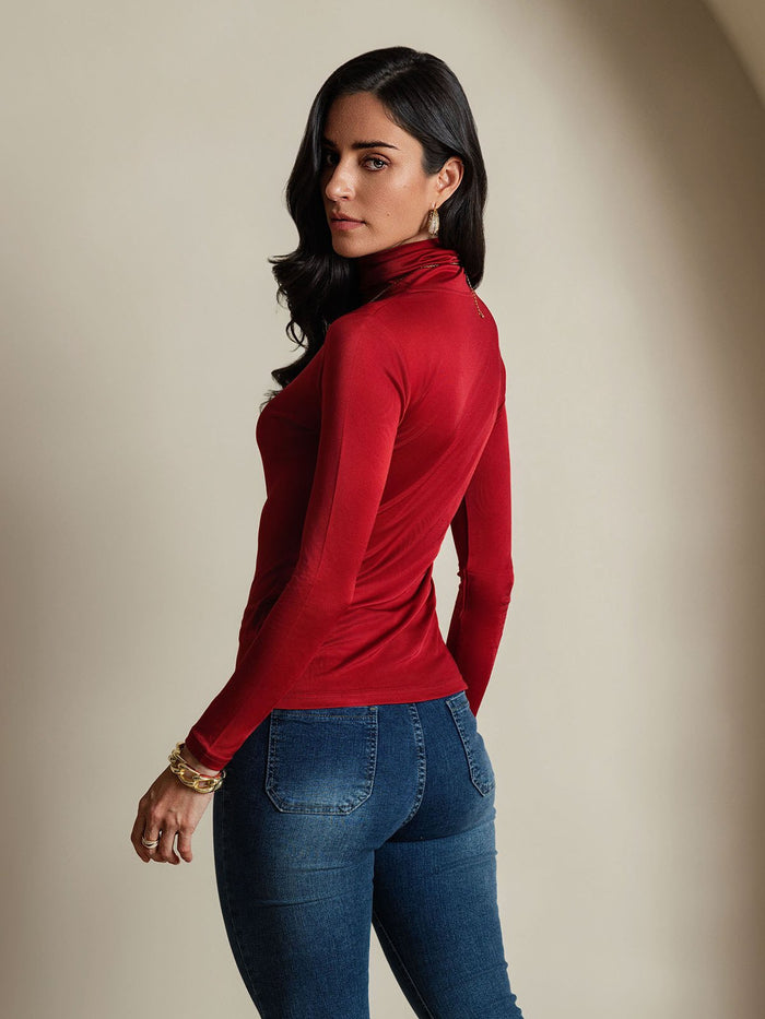 [Wine] SilkSilky  Long Sleeve Turtle Neck Women's T-Shirt 002