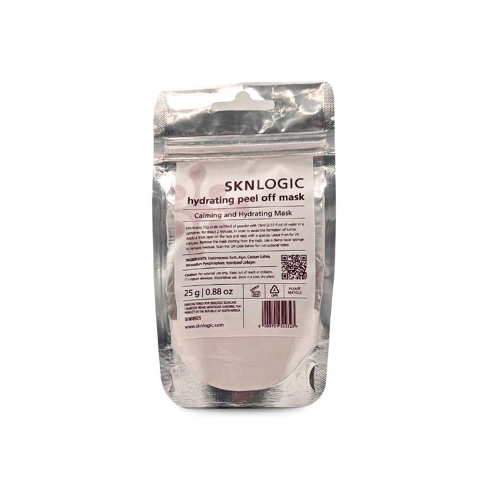 SKN089S Alginate Hydrating Peel Off Mask Single Usage | SKNLOGIC hydrating peel off mask in a silver resealable pouch with a white label, shown against a plain white background.