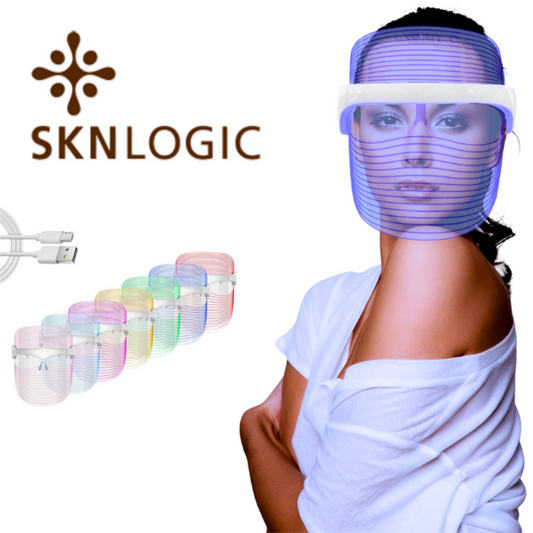 SKN152 SKNLOGIC LED Face Mask for Skin Rejuvenation | SKNLOGIC LED face mask with colorful bands and USB cable on a white background