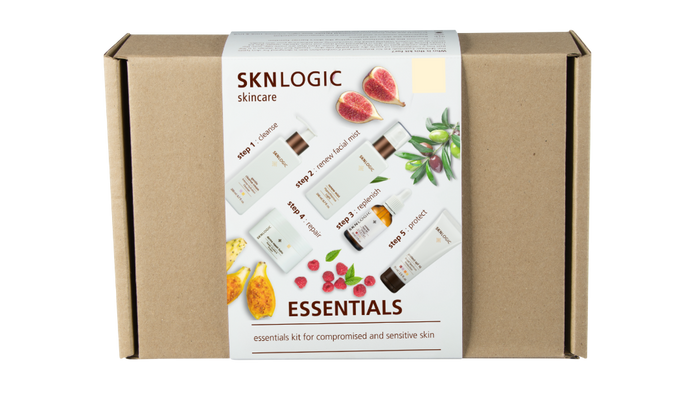 SKNKIT011 SKNLOGIC Skin Rescue Essential Retail Kit | SKNLOGIC skincare essentials kit packaging on a white background