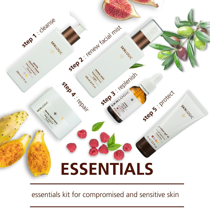 SKNKIT011 SKNLOGIC Skin Rescue Essential Retail Kit | Skincare product set with step-by-step instructions and natural elements on a white background