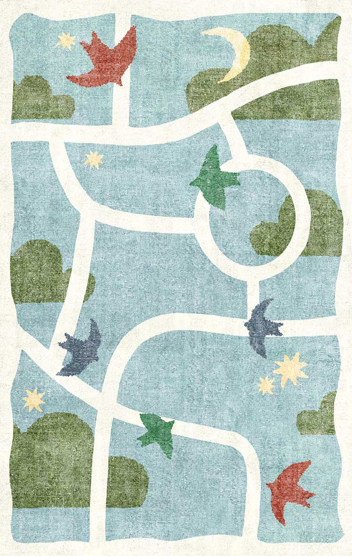 Light blue rug with a white path pattern, featuring green clouds, yellow stars, a crescent moon, and colorful birds.