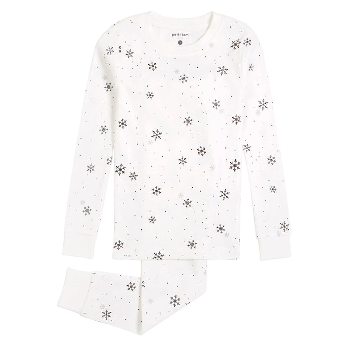 Petit Lem girls Snowflake organic cotton pajama set in Off-White/Gray with long sleeves and matching pants.