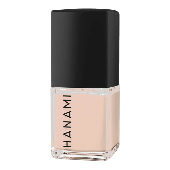 Nail polish bottle with black cap and clear base on a white background.