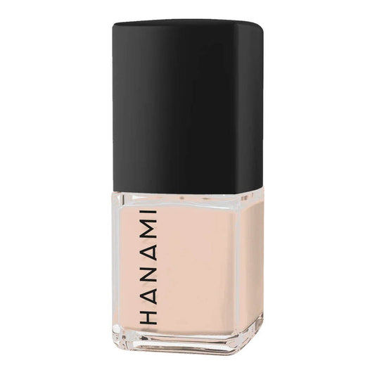 Nail polish bottle with black cap and clear base on a white background.