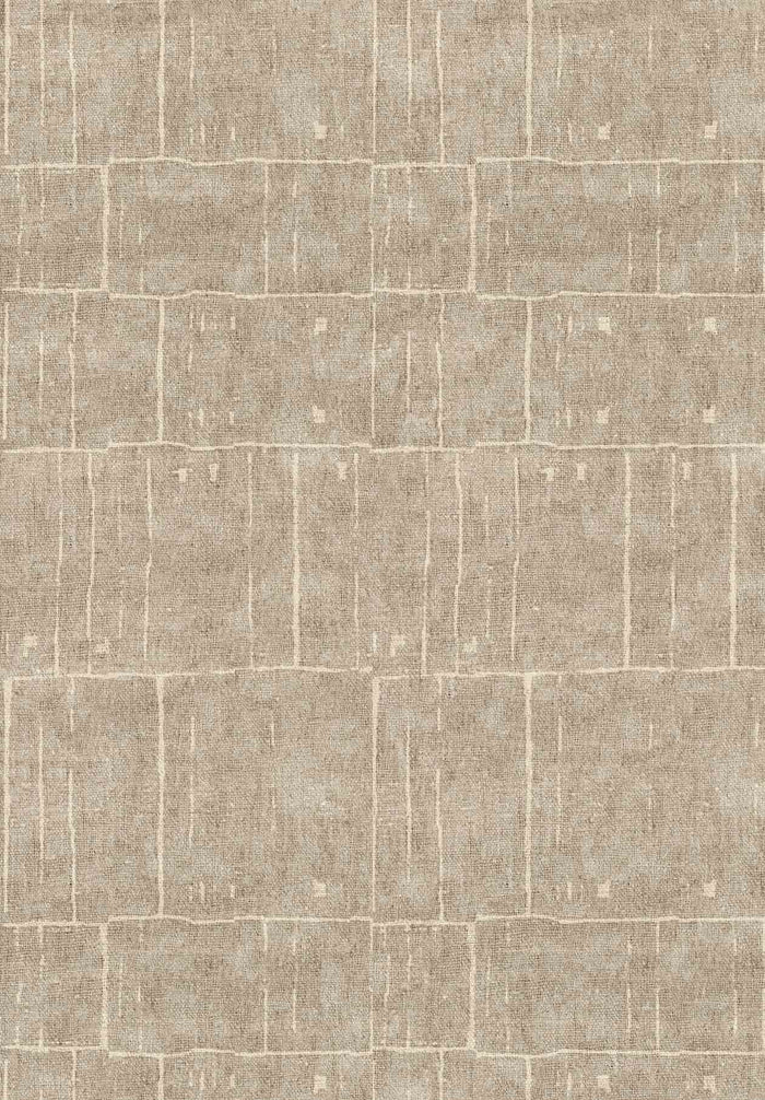 Taupe and beige rug with a grid-like pattern of rectangular blocks and vertical distressed lines.
