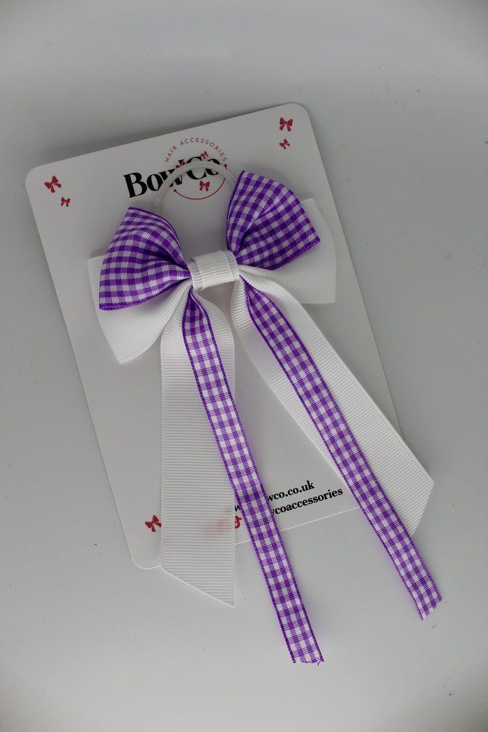 Streamer Tail School Hair Bow - Lilac Gingham - Elastic