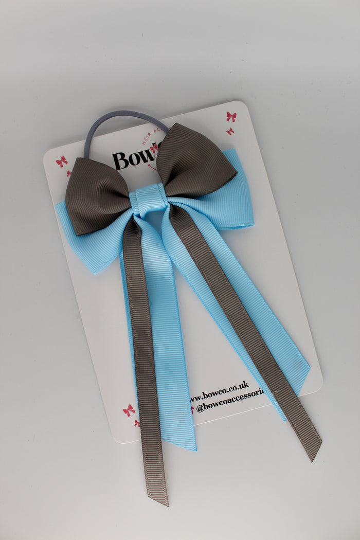 Streamer Tail School Hair Bow – Elastic - Blue Topaz and Metal Grey