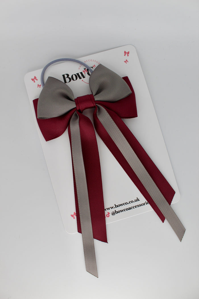 Streamer Tail School Hair Bow – Elastic - Burgundy and Metal Grey