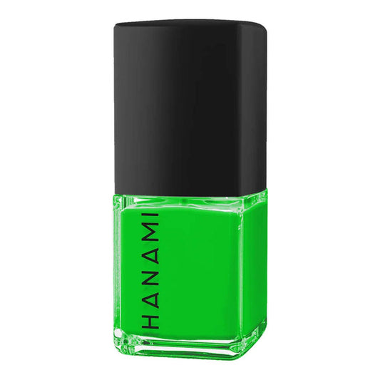 Green nail polish bottle with black cap on a white background.