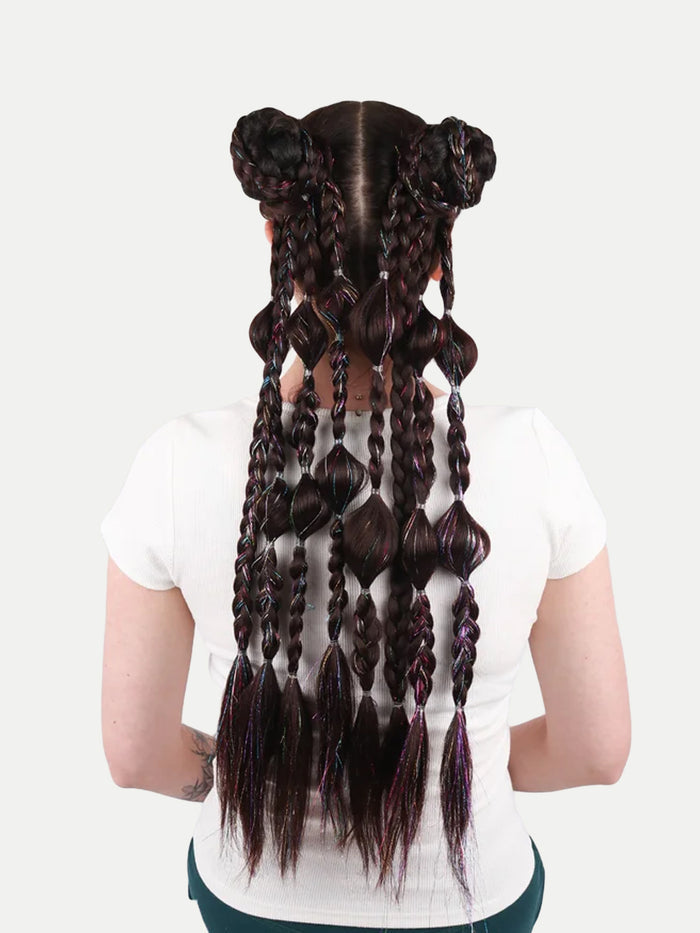 Synthetic Pre-Braided Festival Hair | Brunette + Tinsel-Image 1