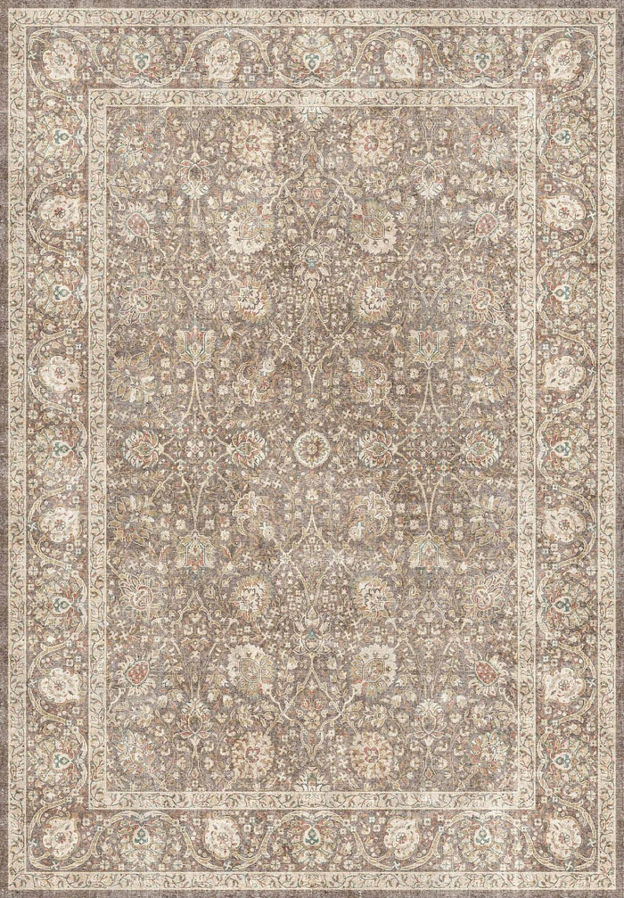 Taupe and cream traditional rug with a distressed floral medallion pattern and an ornate border.