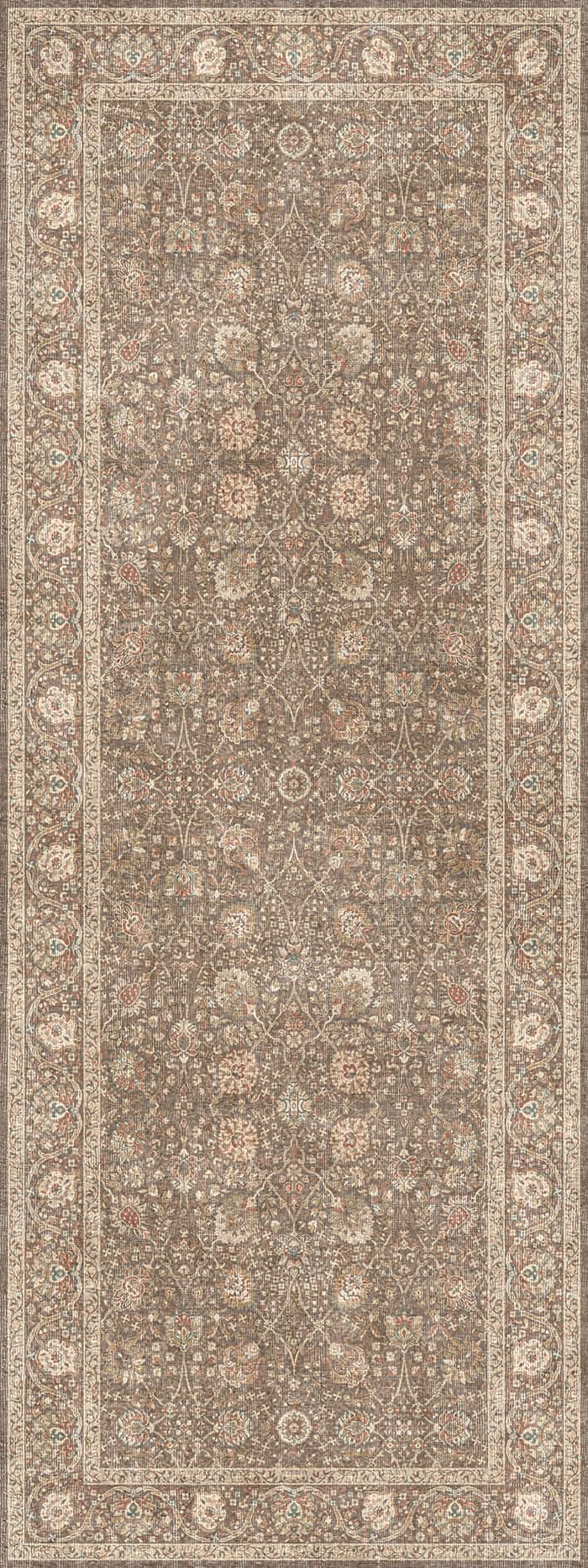 Brown runner rug with a distressed traditional floral medallion pattern and a cream border.