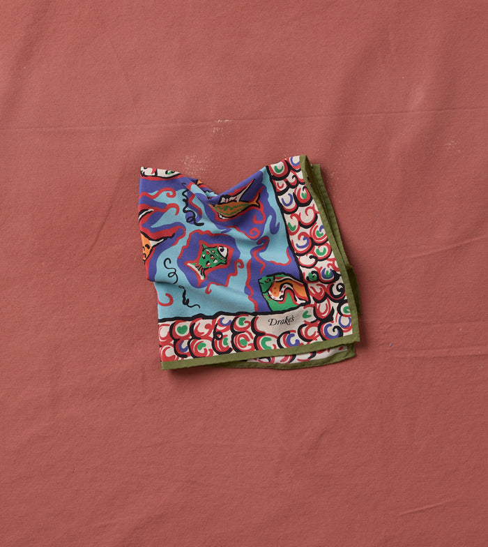 Teal Fish Print Silk Pocket Square