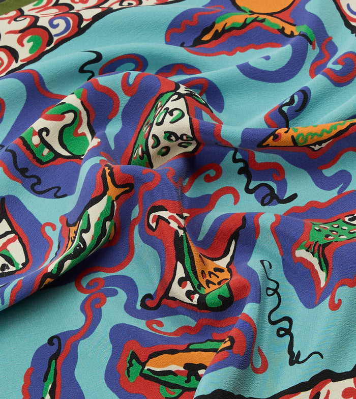 Teal Fish Print Silk Pocket Square