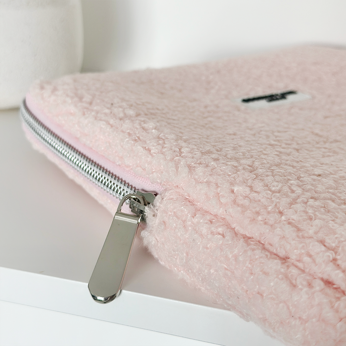 Pink fluffy iPad sleeve with silver zipper, fits 11 devices. Teddy Love-A-Lot design by Coconut Lane shown up close.