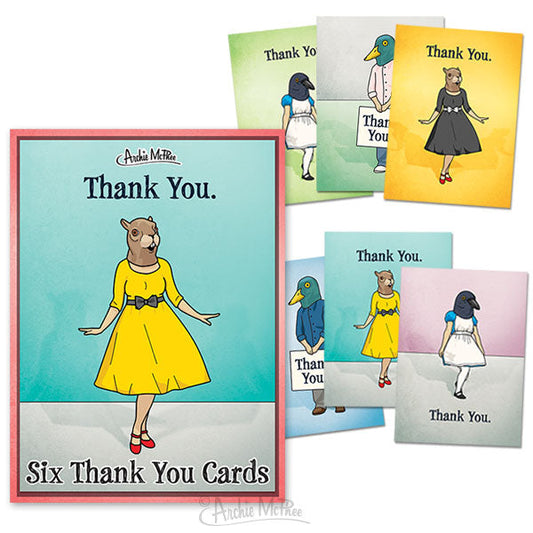 A boxed set featuring six thank you cards with anthropomorphic animals dressed in vintage outfits, printed on high-quality cardstock.