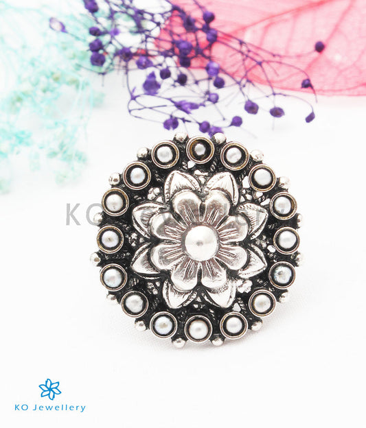 The Namita Silver Pearl Finger Ring (Oxidised)