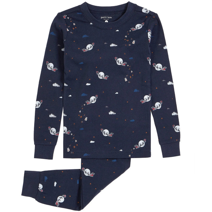 Petit Lem boys The Night Before glow-in-the-dark pajama set in Navy with long sleeves and matching pants.