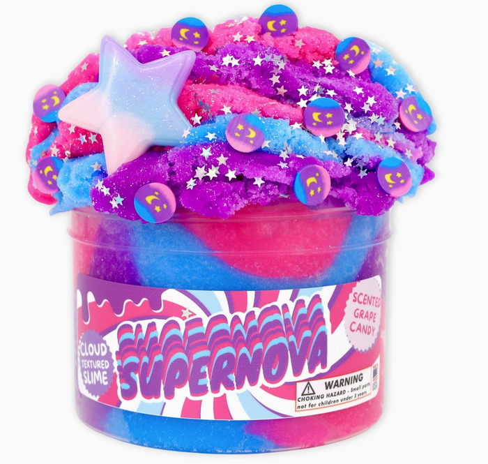 Colorful slime in a container labeled 'Supernova' with star and moon decorations.