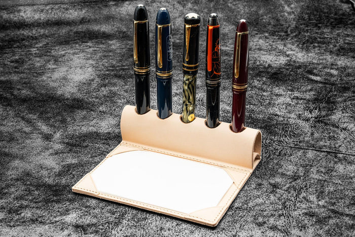 The Writer’s Pen Dock - 5 Slots Pen Stand with Notepad Holder - Undyed Leather