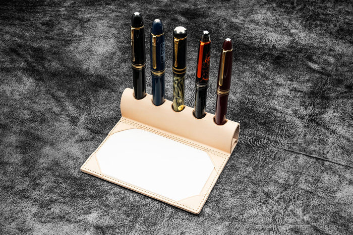 The Writer’s Pen Dock - 5 Slots Pen Stand with Notepad Holder - Undyed Leather