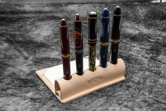 The Writer’s Pen Dock - 5 Slots Pen Stand with Notepad Holder - Undyed Leather