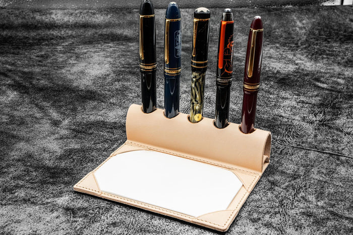 The Writer’s Pen Dock - 5 Slots Pen Stand with Notepad Holder - Undyed Leather