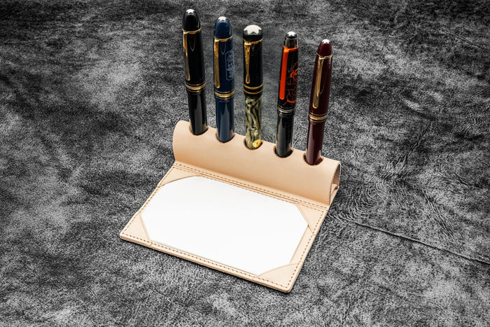 The Writer’s Pen Dock - 5 Slots Pen Stand with Notepad Holder - Undyed Leather