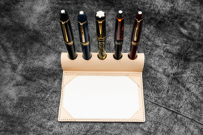 The Writer’s Pen Dock - 5 Slots Pen Stand with Notepad Holder - Undyed Leather