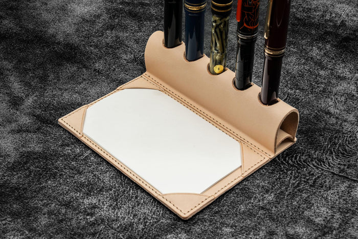 The Writer’s Pen Dock - 5 Slots Pen Stand with Notepad Holder - Undyed Leather