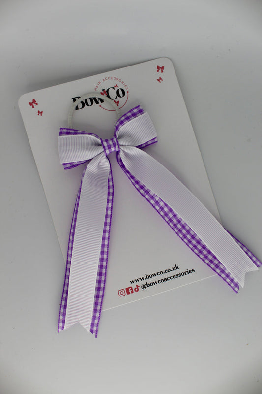 Tuxedo Tail Bow - School Bow Lilac Gingham - Elastic