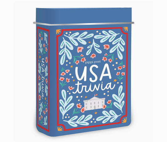 Blue book titled 'USA trivia' with decorative elements on a white background