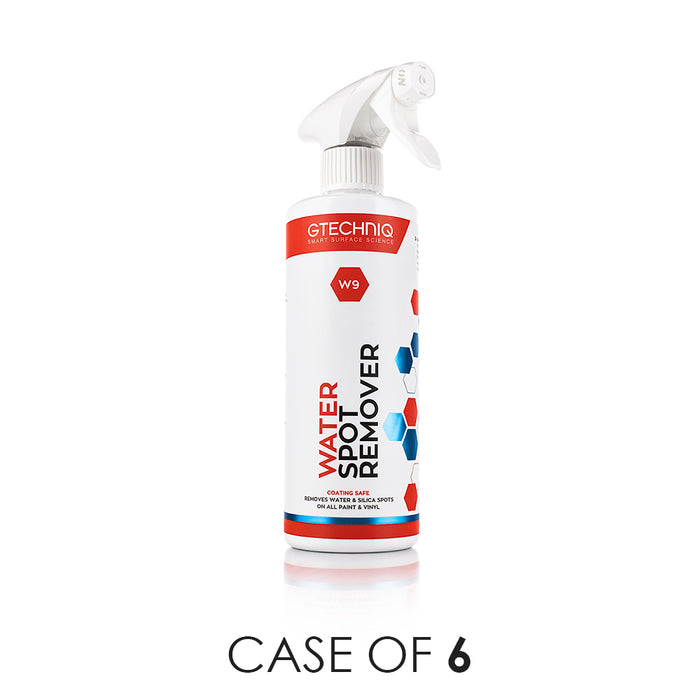 A spray bottle of Gtechniq W9 Water Spot Remover on a white background with the text 'Case of 6'.