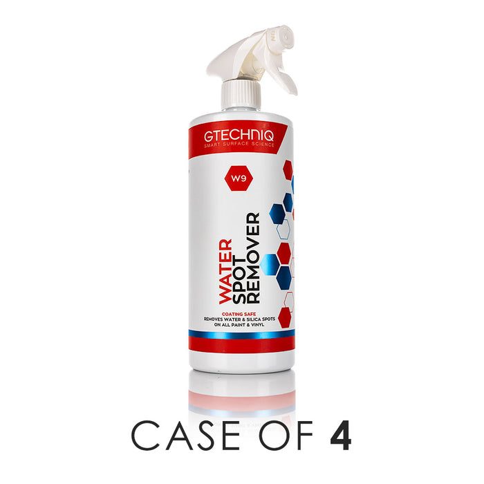 A spray bottle of Gtechniq W( Water SPot Remover on  a white background with the text 'Case of 4'.
