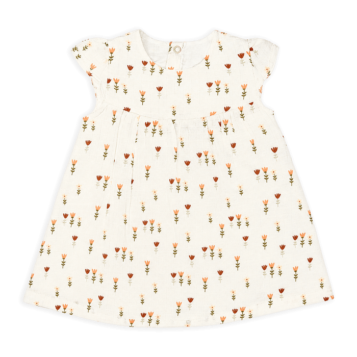 front of wildflowers cap sleeve dress + bloomer set. made of organic cotton muslin