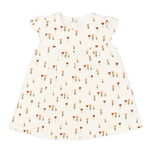 front of wildflowers cap sleeve dress + bloomer set. made of organic cotton muslin